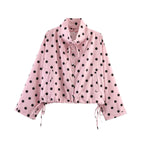 Women's Cropped Polka Dot Transition Jacket with Stand-Up Collar, Drawstring Hem and Button Placket Fashion Glam