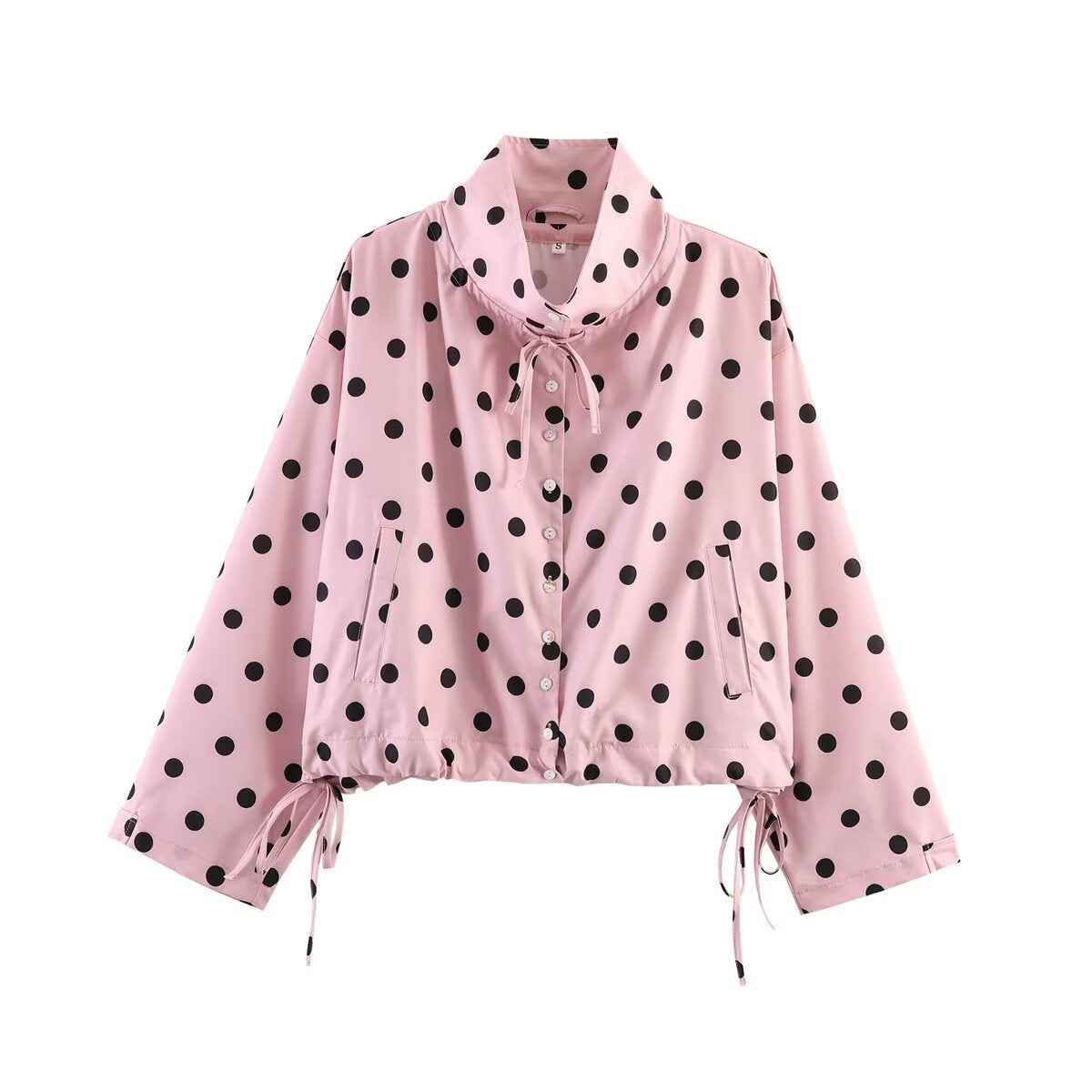 Women's Cropped Polka Dot Transition Jacket with Stand-Up Collar, Drawstring Hem and Button Placket Fashion Glam