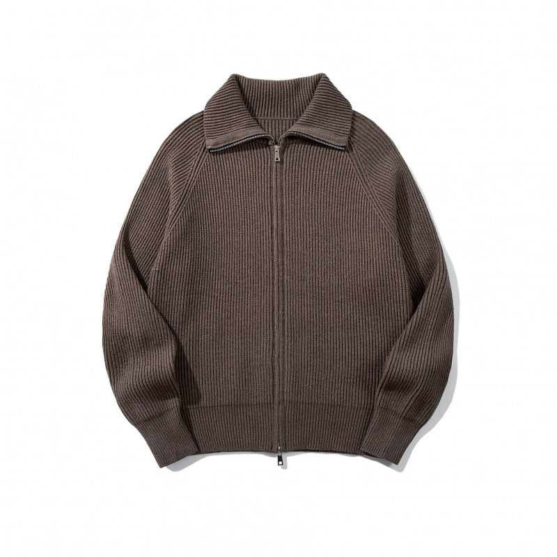 Unisex Ribbed Zip Cardigan with Stand-Up Collar, Raglan Sleeves and Two-Way Zipper Fashion Glam