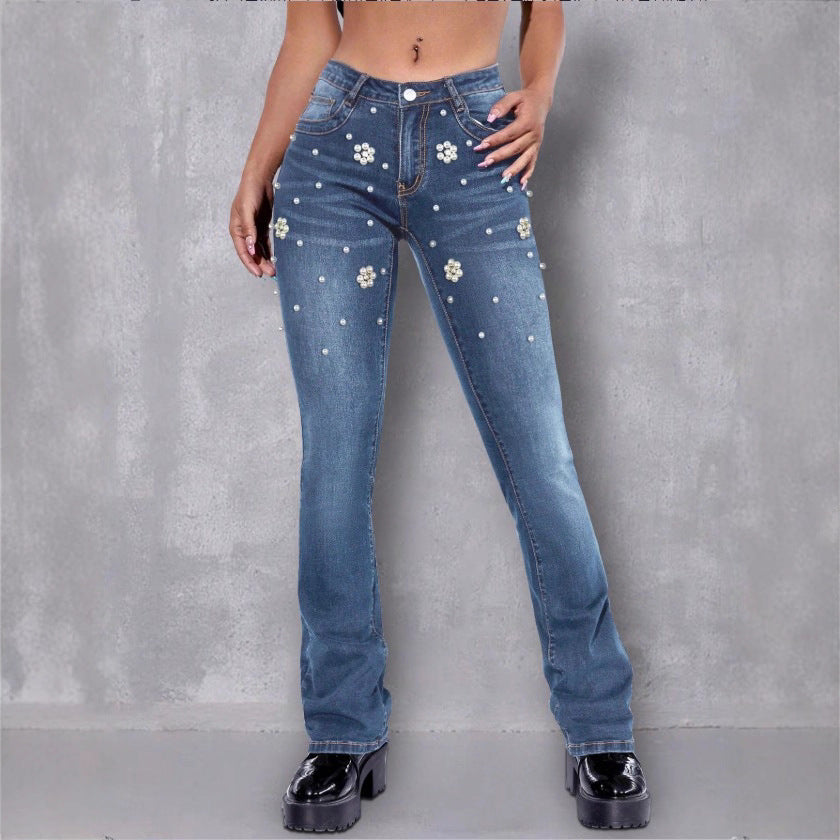 Women's slim bootcut jeans with pearl and flower appliqués Fashion Glam
