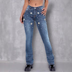 Women's slim bootcut jeans with pearl and flower appliqués Fashion Glam