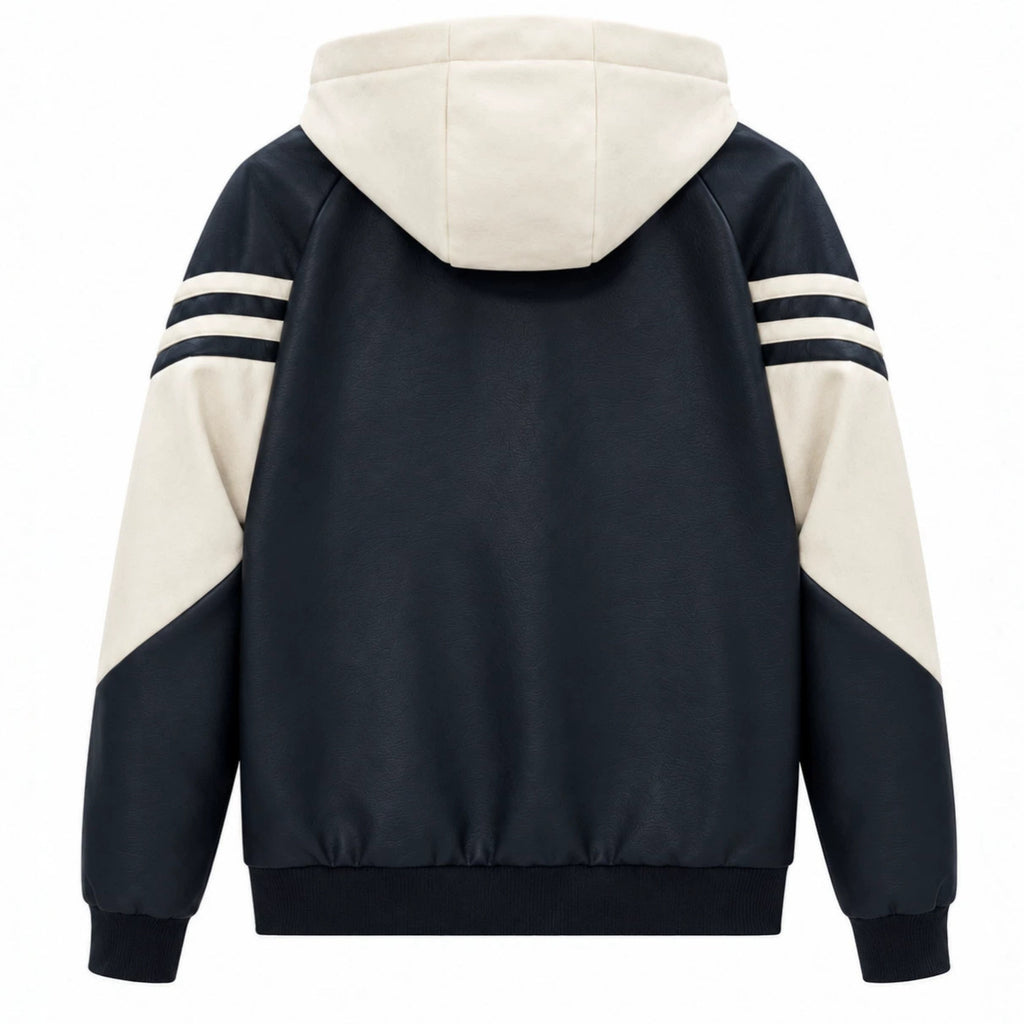 Men's Sporty Hooded Bomber with Faux Leather Look, Contrast Stripes and Zipper Fashion Glam