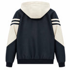 Men's Sporty Hooded Bomber with Faux Leather Look, Contrast Stripes and Zipper Fashion Glam