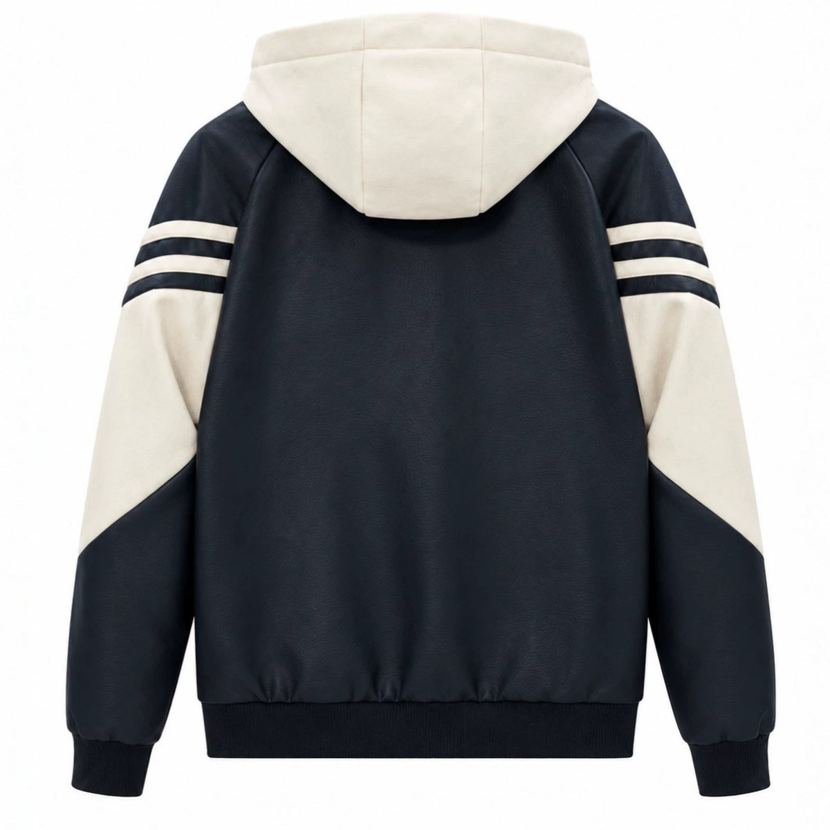 Men's Sporty Hooded Bomber with Faux Leather Look, Contrast Stripes and Zipper Fashion Glam