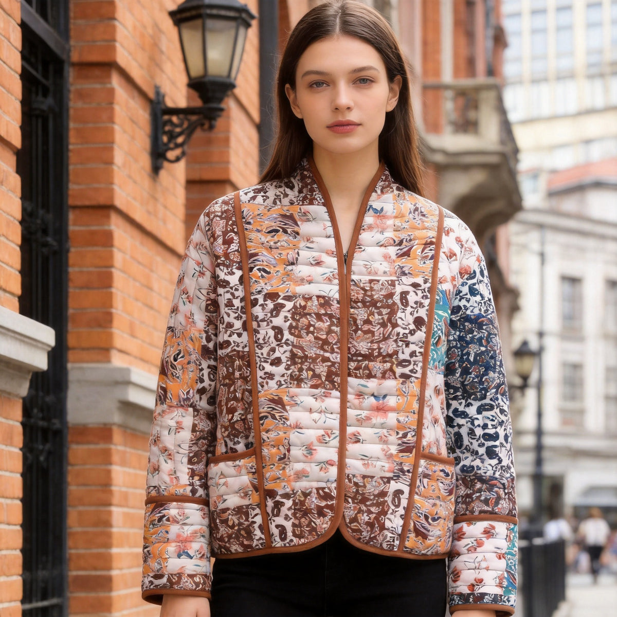 Women's Quilted Patchwork Quilted Jacket with Stand-Up Collar and Contrast Piping Fashion Glam