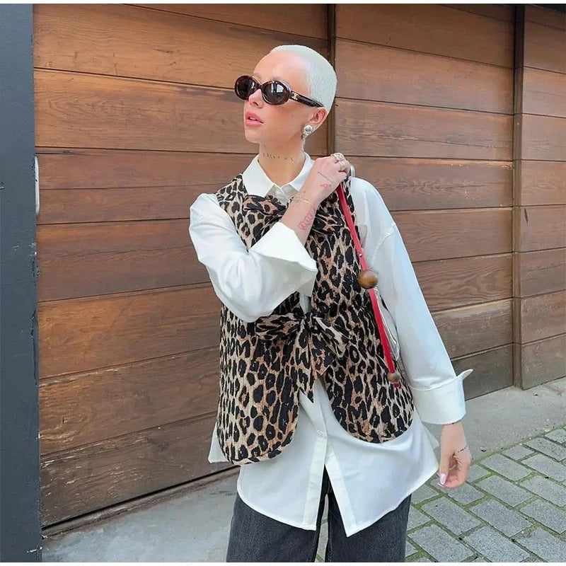 Women's Sleeveless Knit Vest with Leopard Print and Decorative Ties Fashion Glam