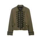 Women's Cropped Military Jacket with Standing Collar and Decorative Cord Application Fashion Glam