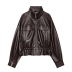 Women's Cropped Faux Leather Blouson with Drawstring, Patch Flap Pockets and High Stand Collar Fashion Glam