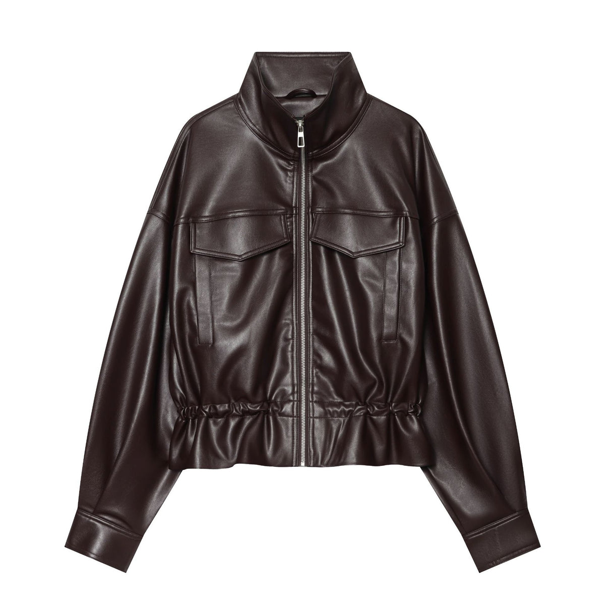 Women's Cropped Faux Leather Blouson with Drawstring, Patch Flap Pockets and High Stand Collar Fashion Glam