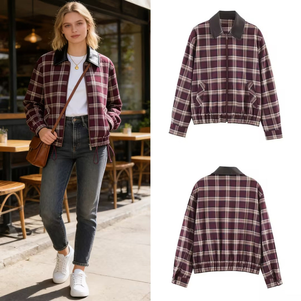 Women's Checked Blouson Jacket with Contrasting Leather Collar and Elastic Hem Fashion Glam