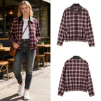 Women's Checked Blouson Jacket with Contrasting Leather Collar and Elastic Hem Fashion Glam