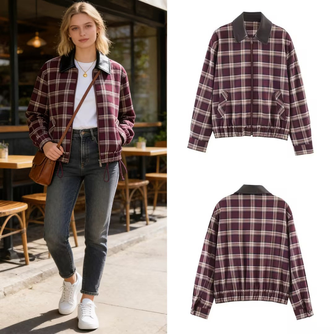 Women's Checked Blouson Jacket with Contrasting Leather Collar and Elastic Hem Fashion Glam