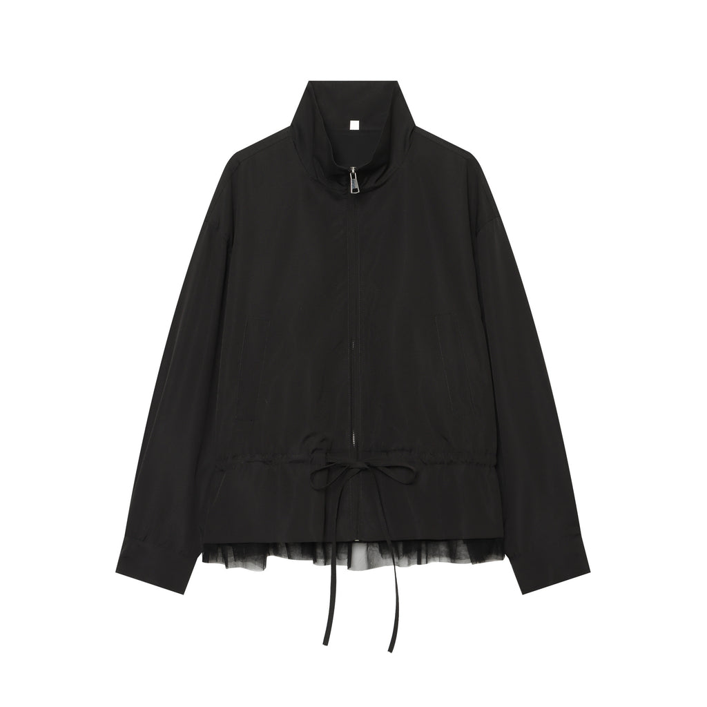 Women's lightweight adjustable windbreaker with stand-up collar, drawstring and tulle trim Fashion Glam