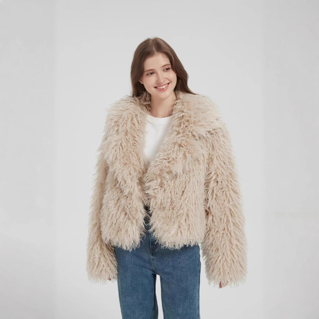 Women Short Boxy Faux Fur Bolero with Long Pile and Voluminous Shawl Collar Fashion Glam