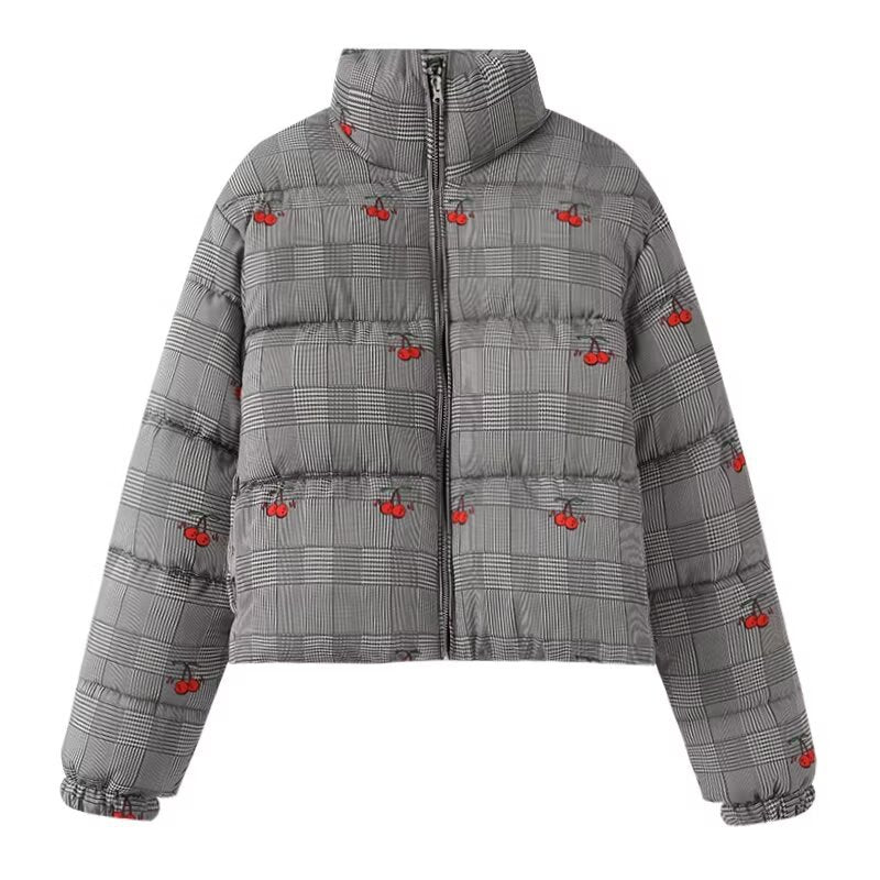 Women's short-cut quilted down-look jacket with stand-up collar and cherry embroidery Fashion Glam