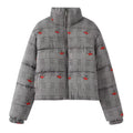 Women's short-cut quilted down-look jacket with stand-up collar and cherry embroidery Fashion Glam