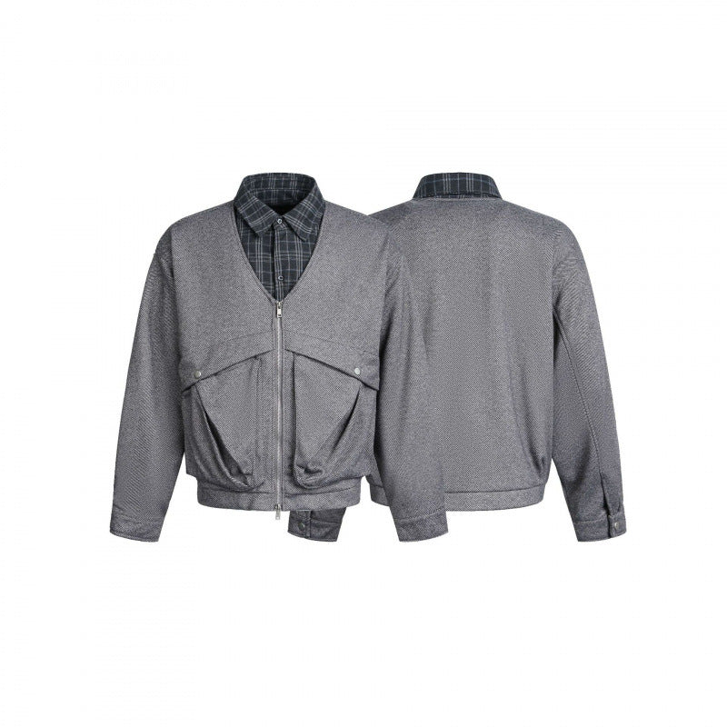 Men's short-cut utility bomber jacket with V-neck, patch pockets, and front zipper Fashion Glam