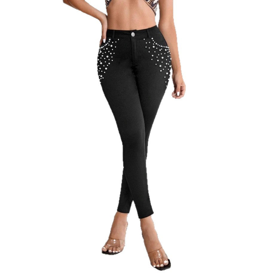 Women High-Waisted Skinny Jeans with Pearl Decoration Fashion Glam