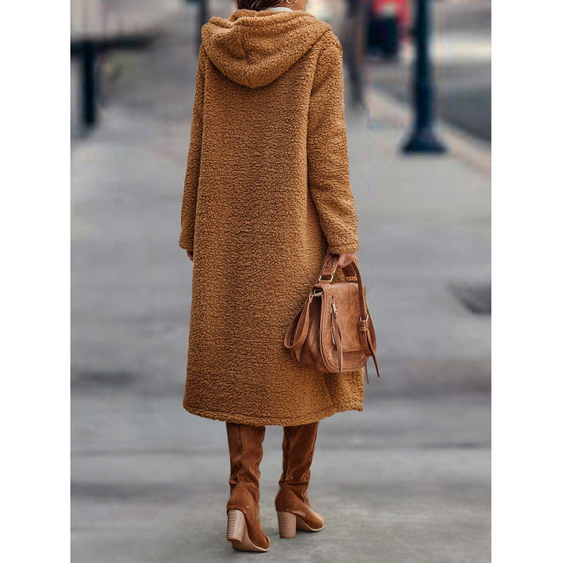 Women's Maxi Length Teddy Coat with Hood and Double Button Placket Fashion Glam