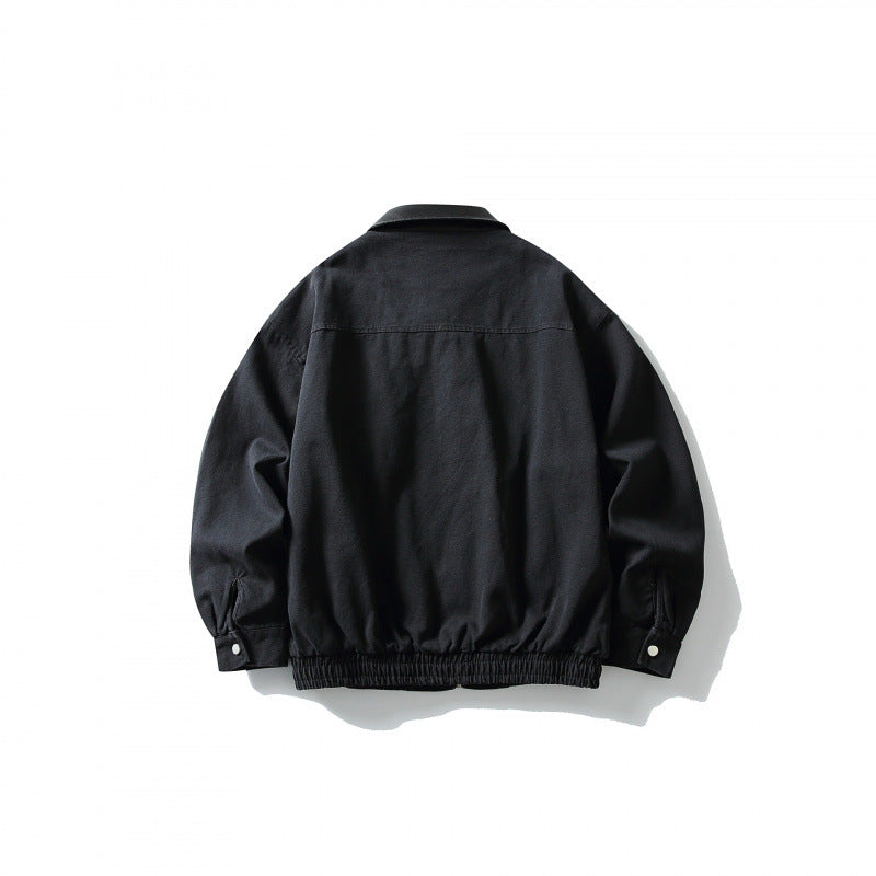 Men's Boxy Worker Jacket with Faux Leather Collar, Full-Length Zipper and Elastic Hem Fashion Glam