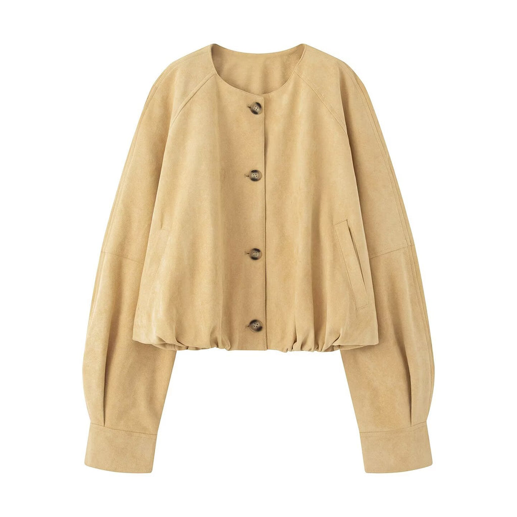Women's short jacket in velour look with round neckline, balloon sleeves, and elastic hem Fashion Glam