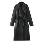 Women's longer tailored coat in leather look with tie belt and lapel collar Fashion Glam
