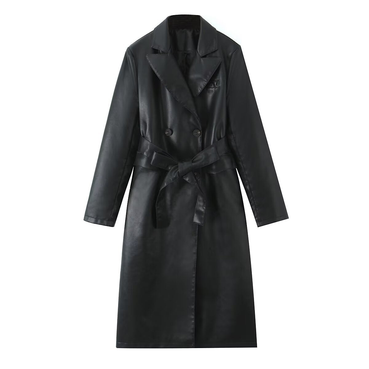Women's longer tailored coat in leather look with tie belt and lapel collar Fashion Glam