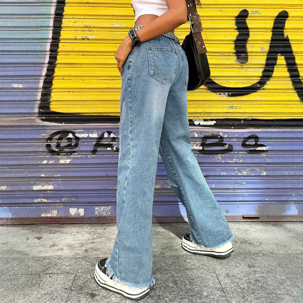 Women Baggy Jeans with contrasting flame appliqués & raw hem Fashion Glam