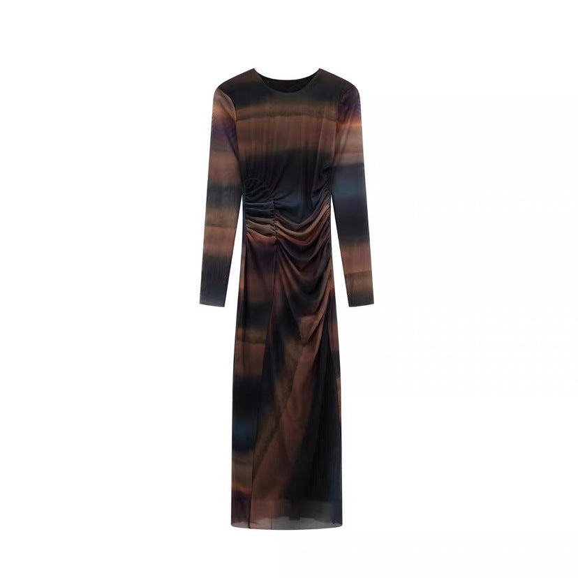 Women's Figure-Hugging Midi Dress with Side Draping and Round Neckline Fashion Glam