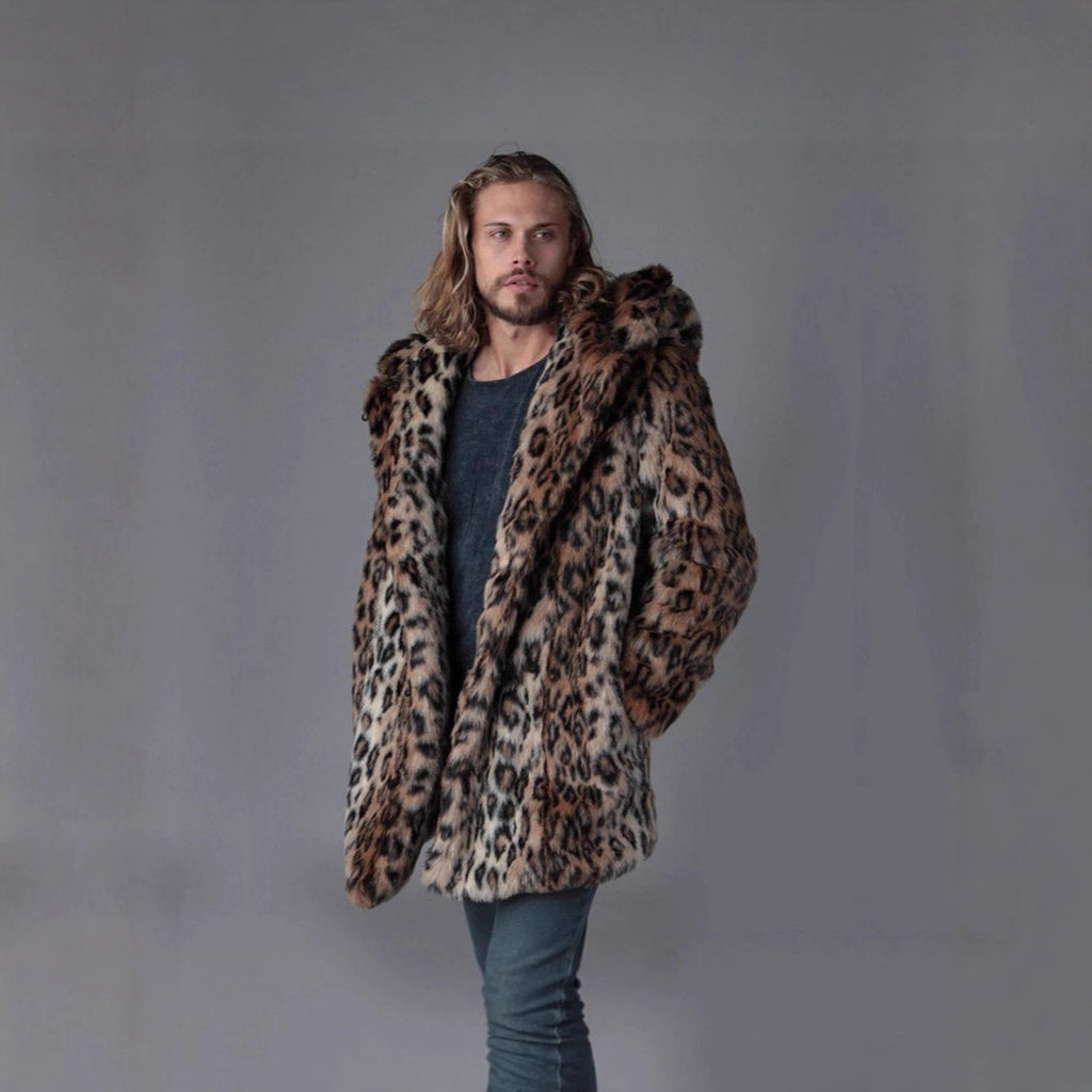 Men's Long Faux Fur Coat with Hood, Ear Application and Oversized Silhouette Fashion Glam