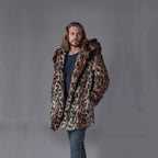 Men's Long Faux Fur Coat with Hood, Ear Application and Oversized Silhouette Fashion Glam