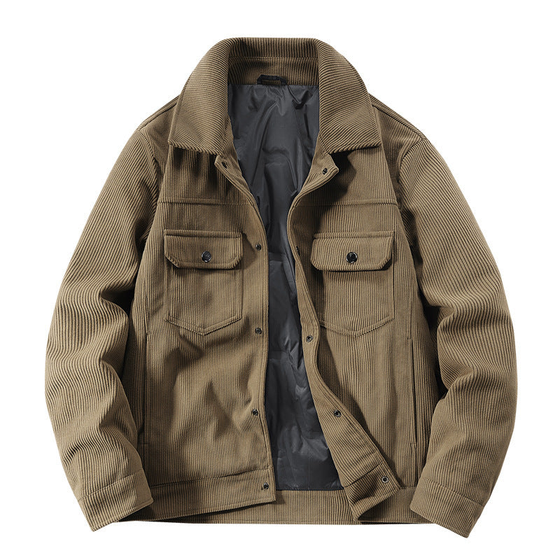 Men's Ribbed Cord Overshirt Jacket with Quilted Inner Lining and Chest Flaps Fashion Glam