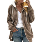 Women's Oversized Sherpa Zip Jacket with Contrast Collar, Ribbed Cuffs, and Drawstring Fashion Glam
