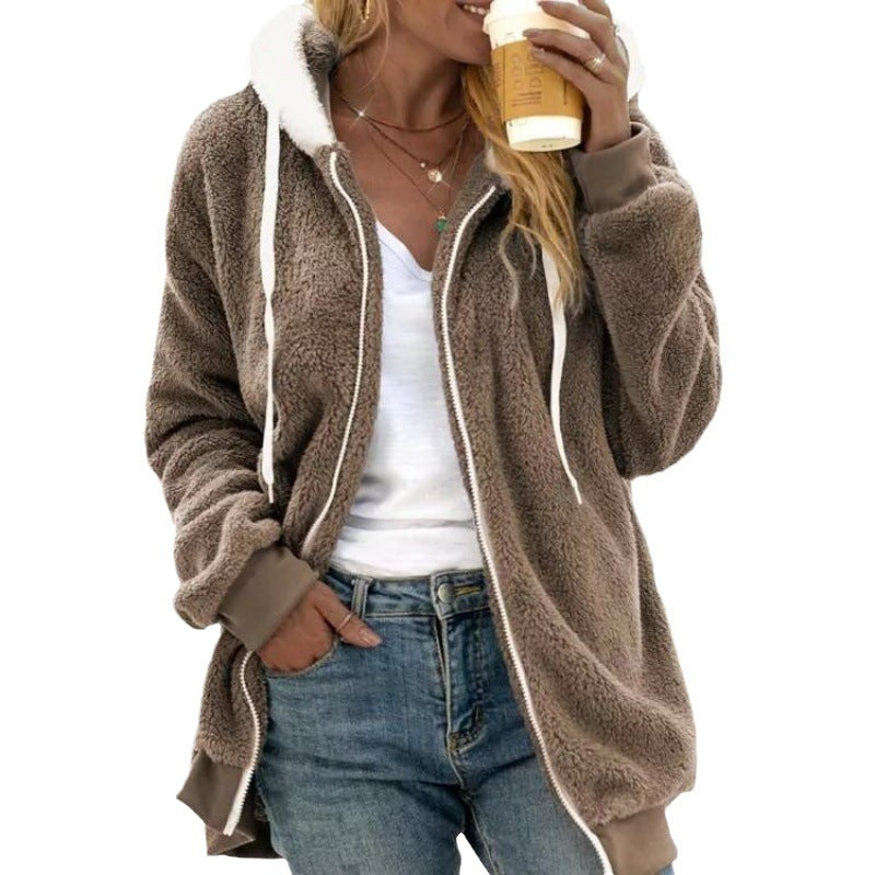 Women's Oversized Sherpa Zip Jacket with Contrast Collar, Ribbed Cuffs, and Drawstring Fashion Glam