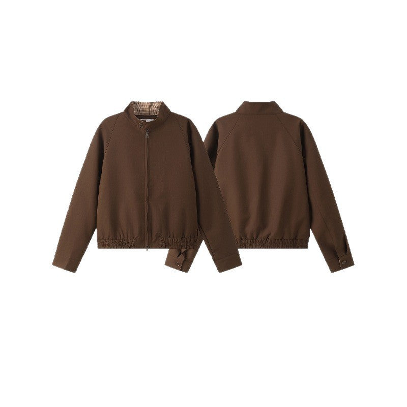 Unisex Short Cut Blouson Jacket with Stand-Up Collar, Elastic Hem and Checked Collar Lining Fashion Glam