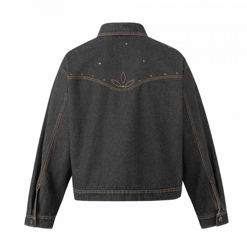 Unisex Oversize Denim Jacket in Boxy Cut with Western Embroidery and Flap Pockets Fashion Glam