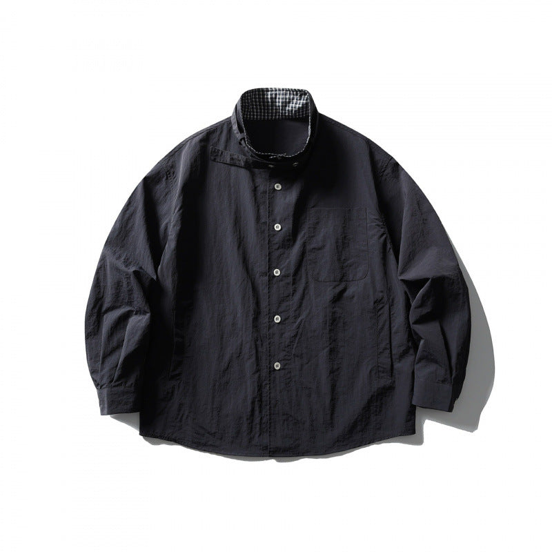 Unisex Wide Crinkle Shirt with High Standing Collar and Concealed Button Placket Fashion Glam