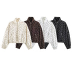 Women Cropped Dotted Bomber Jacket with High Stand Collar, Zipper Pockets, and Elastic Hem Fashion Glam