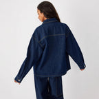Women's Oversized Denim Jacket with Distinctive Front Pockets and Relaxed Fit Fashion Glam