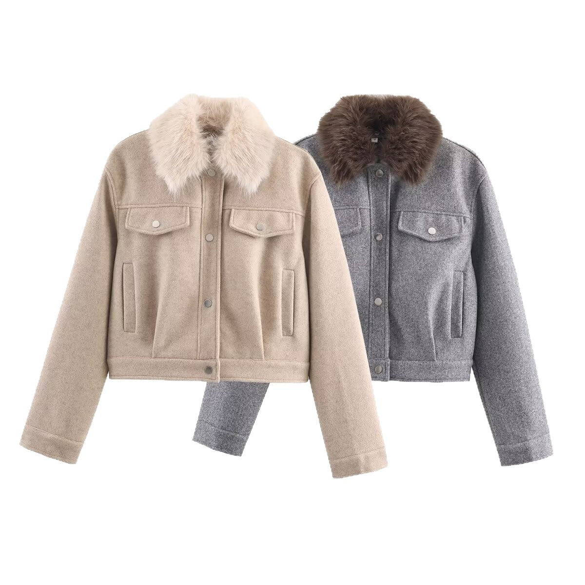 Ladies short wool jacket with voluminous fur collar, snap-button front and patch chest pockets Fashion Glam
