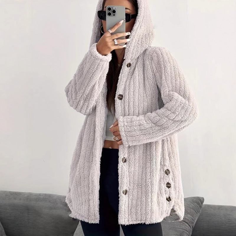Women's Hooded Teddy Coat with Button Placket and Oversized Fit Fashion Glam