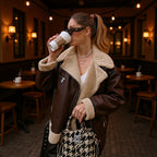Women's Casual Aviator Biker Jacket in Vintage Leather Look with Sherpa Lining Fashion Glam