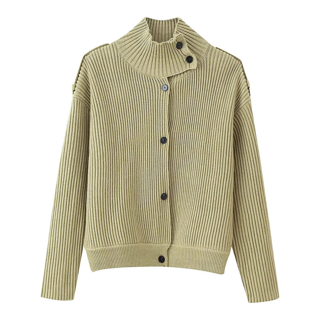 Women Ribbed Knit Cardigan with High Stand-up Collar and Button Placket Fashion Glam