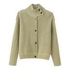 Women Ribbed Knit Cardigan with High Stand-up Collar and Button Placket Fashion Glam