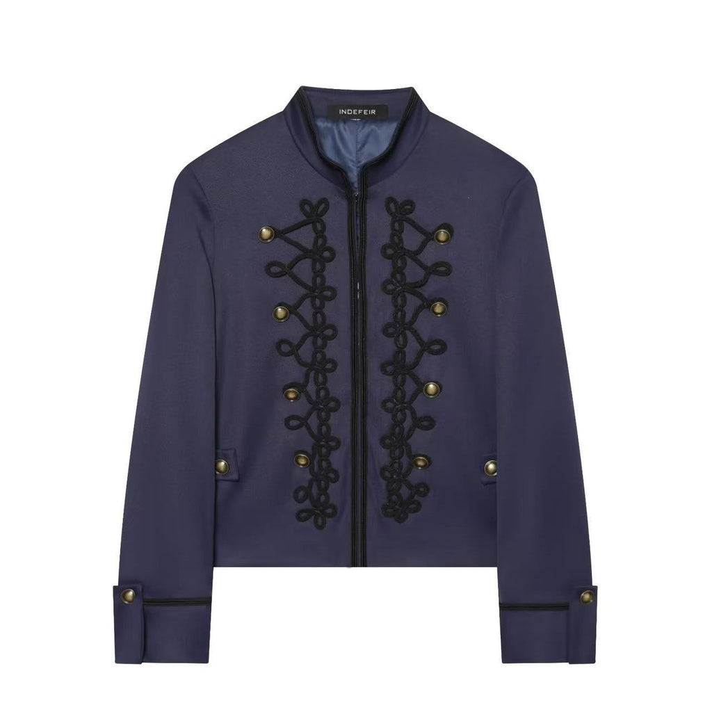 Women's Cropped Military Jacket with Standing Collar and Decorative Cord Application Fashion Glam