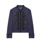 Women's Cropped Military Jacket with Standing Collar and Decorative Cord Application Fashion Glam