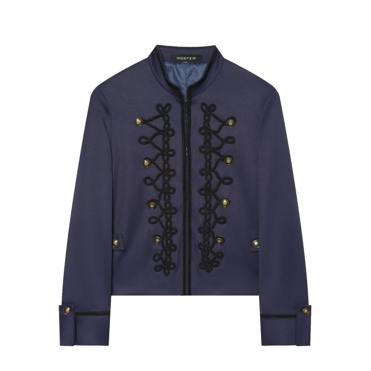 Women's Cropped Military Jacket with Standing Collar and Decorative Cord Application Fashion Glam