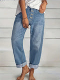 Ladies High-Waist Relaxed-Fit Jeans in Boyfriend Style with Visible Button Placket and Rolled Hem Fashion Glam