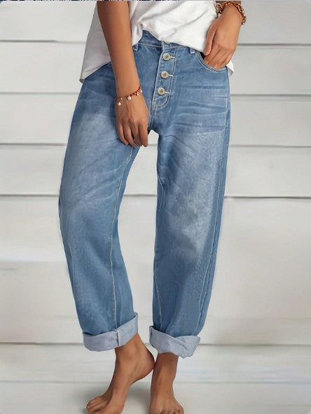 Ladies High-Waist Relaxed-Fit Jeans in Boyfriend Style with Visible Button Placket and Rolled Hem Fashion Glam