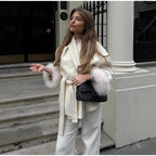 Women's Oversized Wrap Coat with Shawl Collar and Fur Trim on the Sleeves Fashion Glam